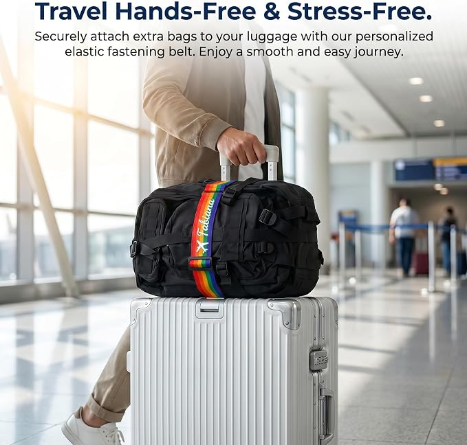 Personalized Luggage Connector Strap with Embroidered Name, 1 Pc Adjustable Elastic Add A Bag Belt for Suitcases and Carry Ons, Easy Travel Baggage Identifier