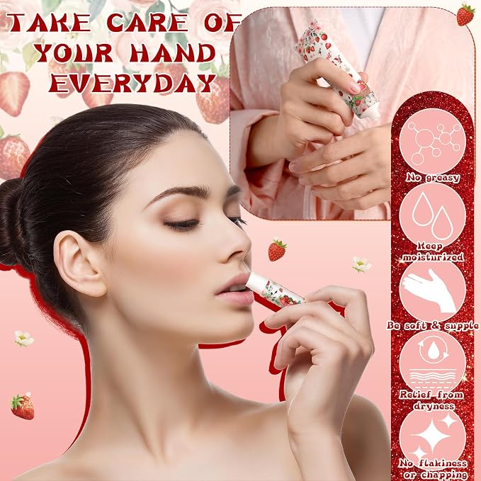 24 Sets Strawberry Baby Shower Hand Cream and Lip Balm Gift Sets Sweet Baby Is on the Way Party Favors for Guest Travel Size Hand Lotion and Lip Balm Bulk Strawberry Shower Party Favor Supplies