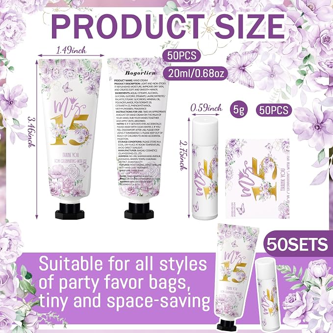 Leelosp 100 Pcs/50 Sets Purple Quinceanera Party Favor Gifts for Guests 15th Thank You Gifts Girl Hand Cream and Lip Balm Sweet 15th Birthday Party Favors for Guests