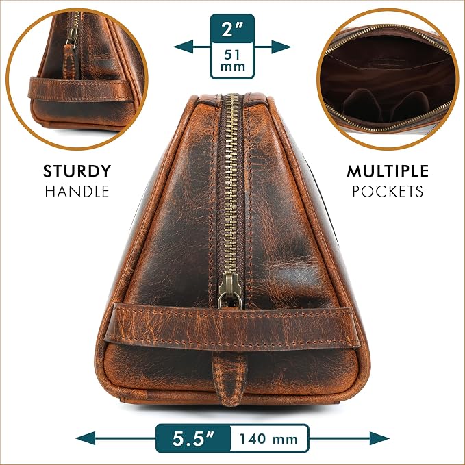 ELIZO Premium REAL Leather Toiletry Bag for Men Dopp Kitt Hanging Mens Toiletry Large TSA Toiletries Bag Shaving Grooming Bag Organizer