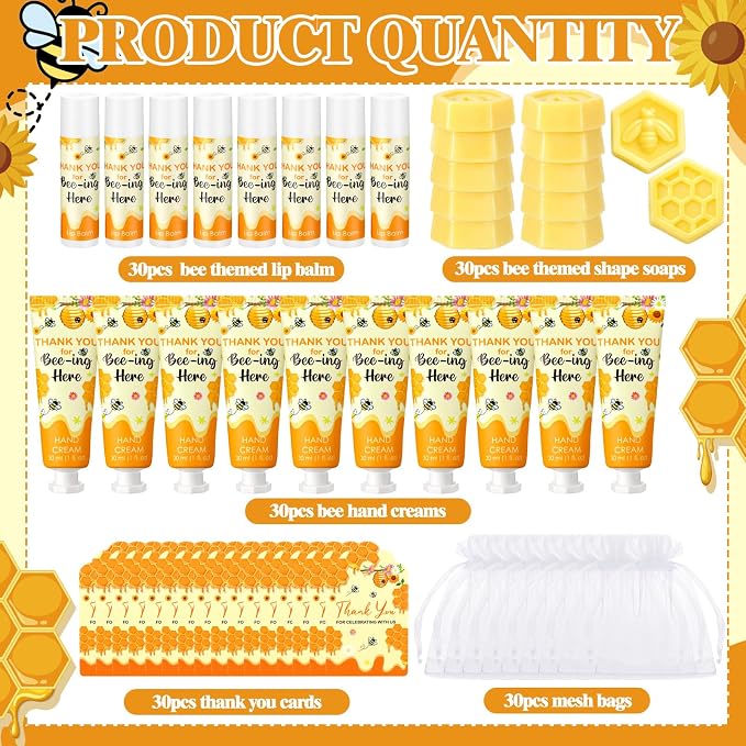 Loopeer 30 Set/150 Pcs Bee Theme Baby Shower Favors for Guests Gifts Hand Cream Lip Balm Soap Party Favors Travel Size with Bags, Thanks You Card for Games Prizes Souvenirs