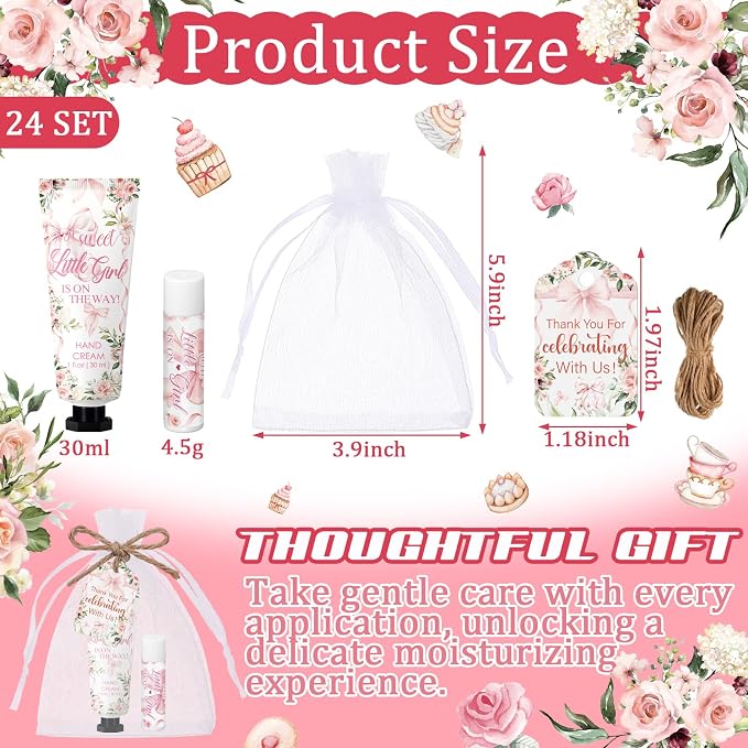 24 Sets Pink Bow Baby Shower Hand Cream and Lip Balm Gift, a Sweet Little Girl Is on The Way Baby Shower Favors, Pink Bow Party Favors for Guests Mini Hand Lotion and Lip Balm Coquette Party Supplies