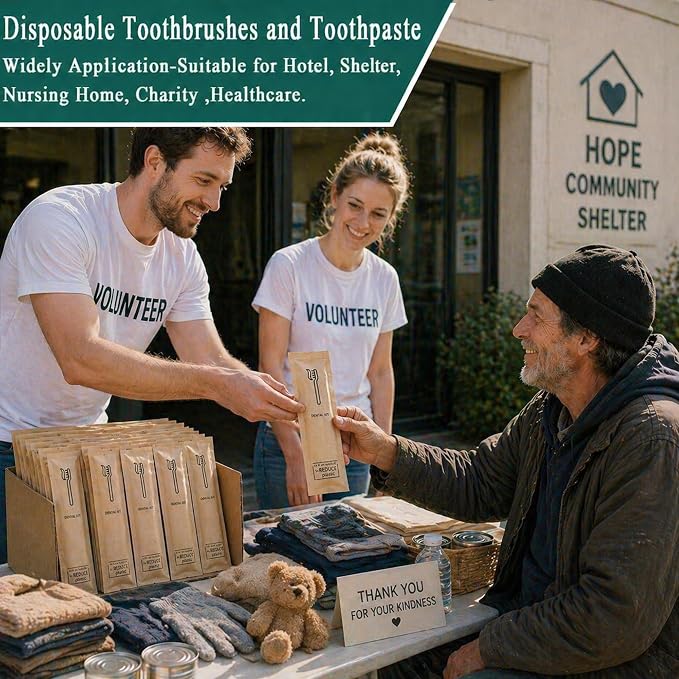 50 Sets Disposable Toothbrushes with Toothpaste (3g) Kit, Individually Wrapped Soft Bristle Travel Toothbrush,Wheat Straw Handle,Bulk for Hotel,Homeless,Nursing Home,Charity,Camping.