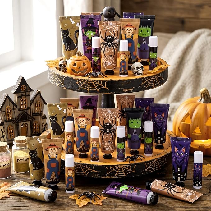 48 Pack Halloween Hand Cream and Lip Balm Gifts Sets for Women Mini Hand Lotion Bulk Travel Size Moisturizing Cream Halloween Party Favors for Boo Basket Stuffers 6 Natural Plant Fragrances