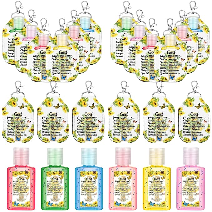 Frienda 24 Pcs Christian Scented Hand Sanitizer with 24 Keychain Holders Gift Set for Women, 1oz Bible Verse Religious Gifts, Mother's Day Appreciation Gifts for Church Favors