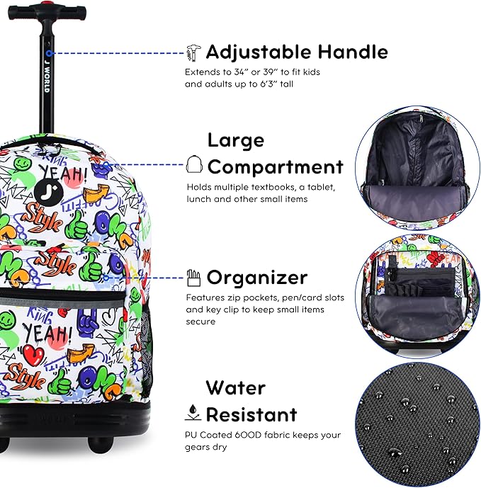 J World Sunrise Kids Rolling Backpack for Girls Boys. Roller Bookbag With Wheels For School, Street Art