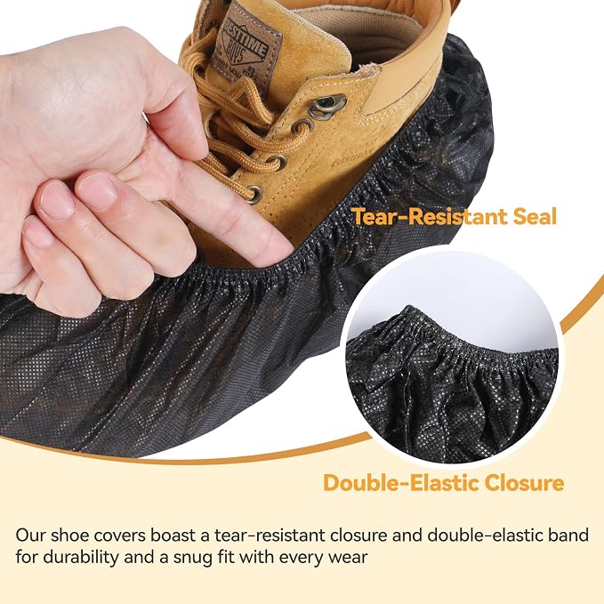 LYSHIYI 100Pcs Shoe Covers Disposable Non Slip, Large Size Non-Woven Boot Covers, Breathable and Durable, Fits US Men 6-14 Size, Reusable Slip-Resistant Booties for Indoors (Black)