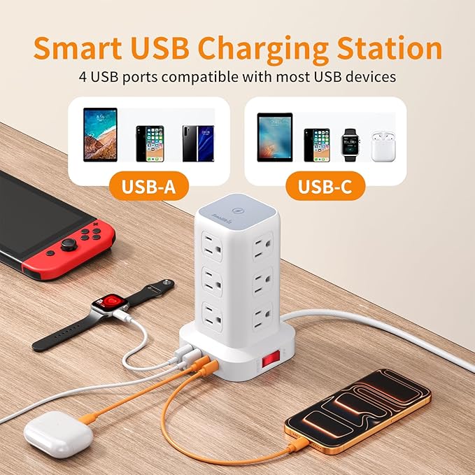 Extension Cord with Multiple Outlets, SMALLRT Surge Protector Power Strip Tower, Outlet Extender with 12 AC Outlets 4 USB, 6.5FT Extension Cord for Home Dorm Room, Office Supplies,Overload Protection