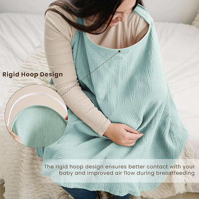 Konssy Muslin Nursing Cover for Baby Breastfeeding, Breathable 100% Cotton Breastfeeding Cover with Rigid Hoop for Mother Nursing Apron, Multi-use Carseat Canopy (Green)