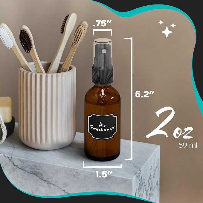 Nevlers Small Spray Bottle 2 Oz 48 Pack Small Glass Bottles | Amber Glass Spray Bottles for Cleaning & Perfume Alcohol | Mist Bottle Set w/ Shrink Wrap, Funnel, Brush, Labels & Marker