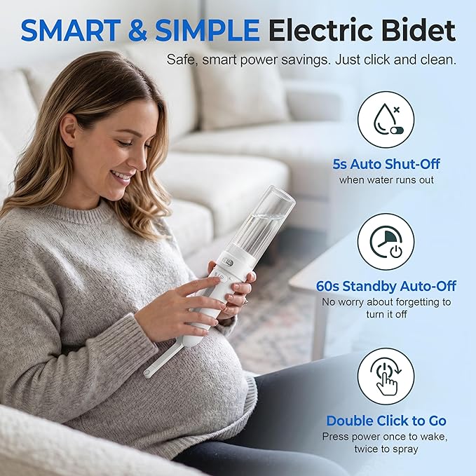 Electric Portable Bidet- Rechargeable Travel Bidet for Women, Postpartum, Hygiene | 3 Pressure Modes, 260 Uses/Charge, IPX7 Waterproof, Foldable & Compact, Standard Bottle Fit, USB-C Charging, White