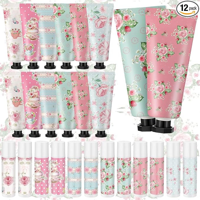 12 Sets Tea Party Favors Mini Hand Cream Lip Balm Bulk Gift Set for Women Wedding Party Favors for Guests Travel Size Hand Lotion Vintage Floral Moisturizing Lip Balm Gifts for Baby Shower