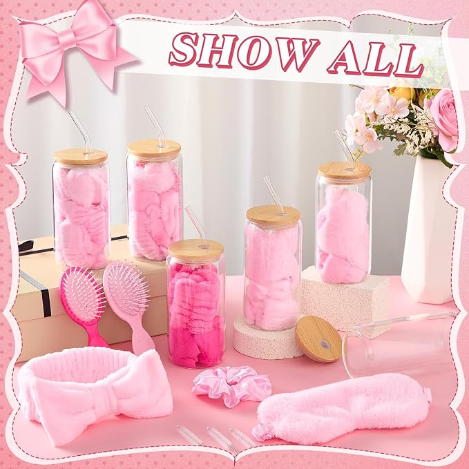 37 Pcs Party Supplies for Girls, 6 Kit Girls Birthday Gifts Including Glass Cups, Hairbands, Sleep Eye Mask, Headband, Brush, Tote Bags with Ribbon for Women Pink Spa Sleepover Party Favor