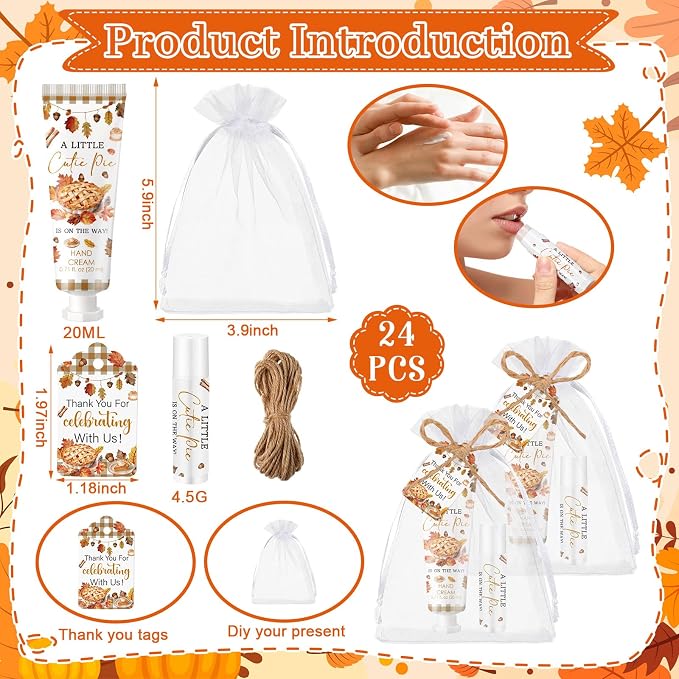 24 Set Fall Cutie Pie Baby Shower Hand Cream Lip Balm Gift Baby Shower Party Favors Maple Leaf Baking Travel Size Hand Lotion Lip Balm with Organza Bag Birthday Party Supplies for Guest Kids
