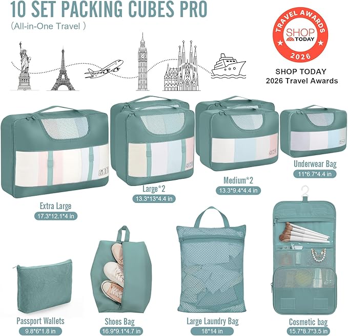 Veken 10 Set Packing Cubes for Travel Essentials, Suitcase Organizer Bags in 4 Sizes, Carry-On Luggage Accessories with Large Laundry Bag & Passport Holder, Must-Have for Airplane, Road Trip & Camping