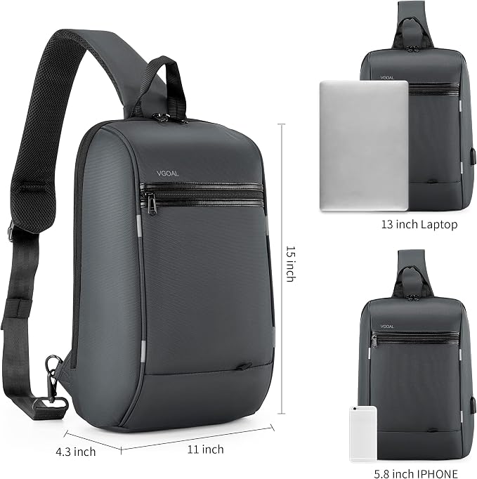 Kingsons 13" Anti-Theft Laptop Sling Backpack. Waterproof nylon, USB port. Ideal for travel, hiking, camping. (FG6301-Grey)