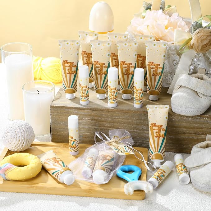 24 Sets Here Comes The Sun Baby Shower Gifts Here Comes The Sun Hand Cream and Lip Balm Baby Shower Party Favors for Guest Travel Size Hand Lotion and Lip Balm Bulk Birthday Party Supplies