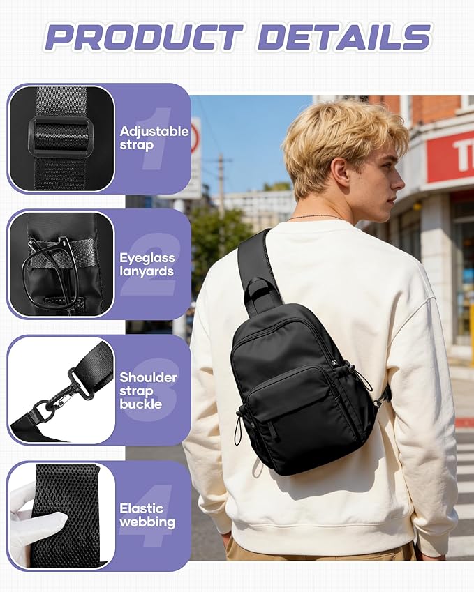 Small Black Sling Crossbody Bag for Men Women, Tactical Backpack Shoulder Daypack Mini Anti-Theft Cross Body Motorcycle Chest Bags, Small One Strap Fanny Back Pack for Casual Travel Hiking Sport Gym