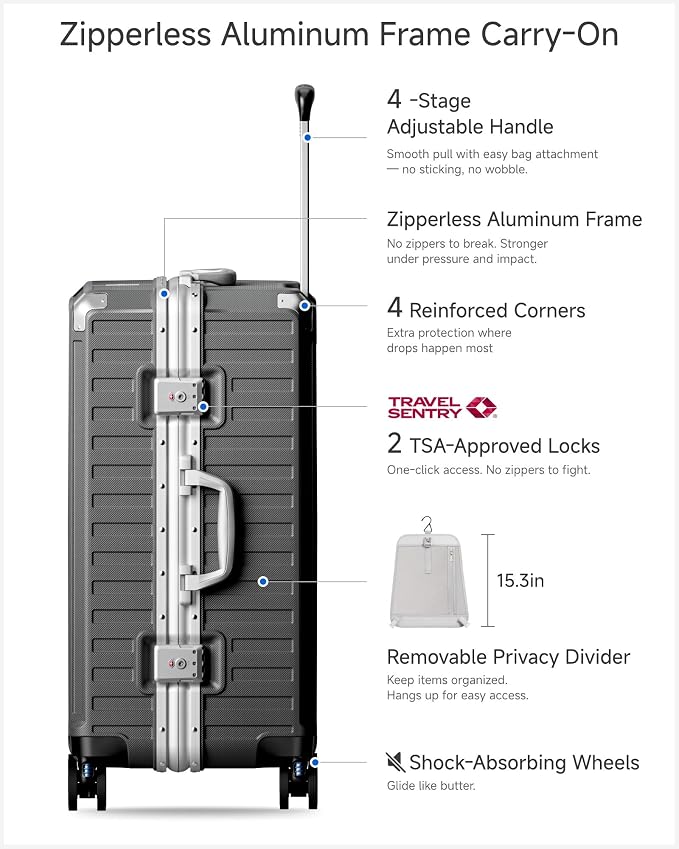 Checked Luggage with Spinner Wheels, 8010S Aluminum Frame Zipperless Polycarbonate Hard Shell Suitcase (ZX-Core, Charcoal Metallic, 24 Inch)