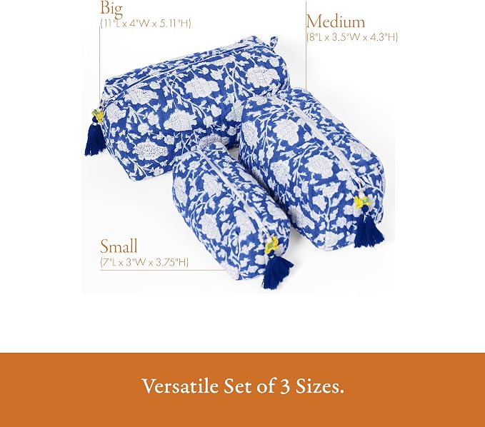 Saffron Marigold Quilted Makeup Bag Set of 3, Hand Block Printed Cotton Cosmetic Bags for Women, Waterproof Lined Travel Toiletry Bag, Coquette Floral Aesthetic, Handmade Gift, Blue Poppy