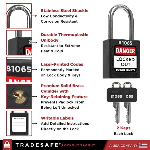 TRADESAFE Lockout Tagout Locks Set - 10 Black Lockout Locks Keyed Different, 2 Keys Per Loto Lock, OSHA Compliant Lock Out Tag Out Padlocks, Safety Padlocks for Electrical Lockout Tag Out Kits