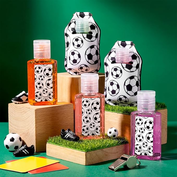 Frienda 48 Pack Soccer Party Favors Set 24 Pcs Mini Hand Sanitizers and 24 Pcs Keychain Holders Travel Size Sanitizers for Sports Soccer Party Supplies for Team Players Coaches Fans Gifts