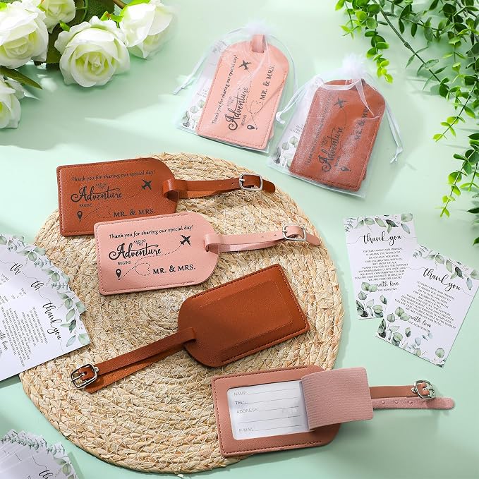Dandat 50 Sets Luggage Tags Bulk Destination Wedding Favors for Guest Adventure Begins Favor with Thank You Cards and Organza Bags for Travel Wedding Bridal Shower Return Favors, Pink Brown