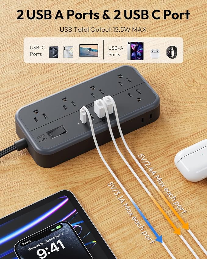 NTONPOWER Power Strip 15 Ft Cord, 10 Widely Spaced Outlets, 4 USB Port(2 USB C Port), Ultra Thin Flat Plug Extension Cord 15 Feet for Home Office Garage, Black