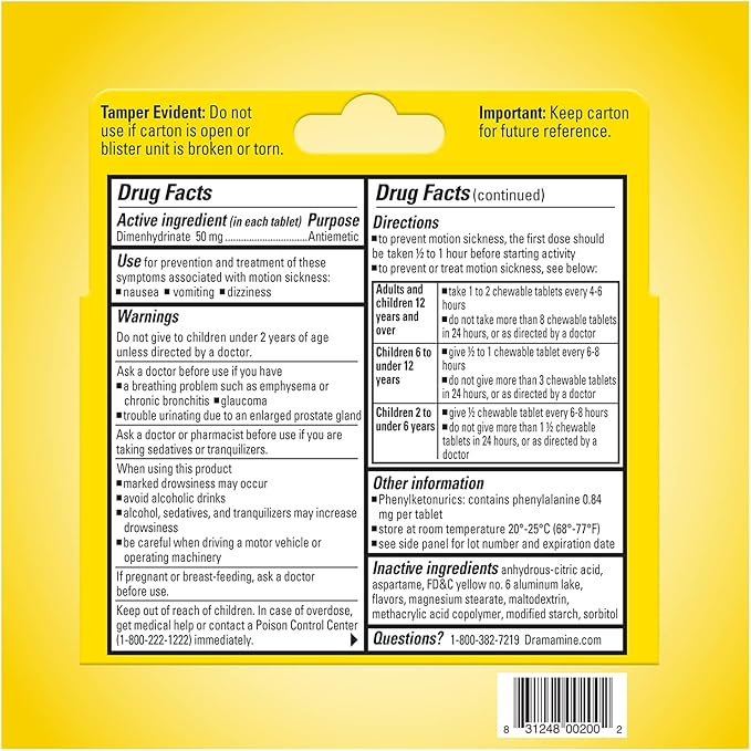 Dramamine Motion Sickness, Chewables for Nausea Relief During Travel, Orange Flavor, 8 Count