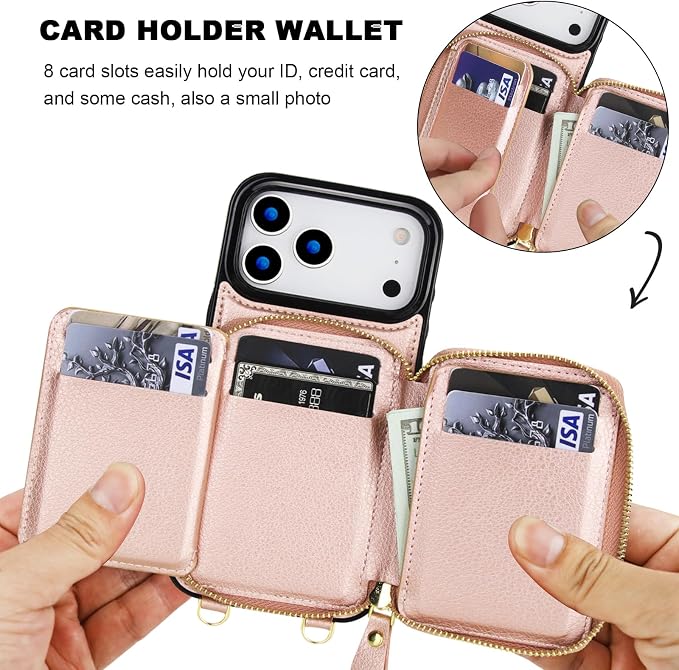 Bocasal for MagSafe Crossbody Wallet Case Compatible with iPhone 17 Pro Max, RFID Blocking Protective Purse Case with Card Slots Holder Kickstand Wrist Strap Lanyard Zipper 6.9 Inch 5G (Rose Gold)