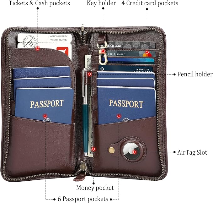 Polare Full Grain Leather Family Travel Passport Wallet and Documents Organizer RFID Blocking Case Holder Fits 6 Passports for Men and Women