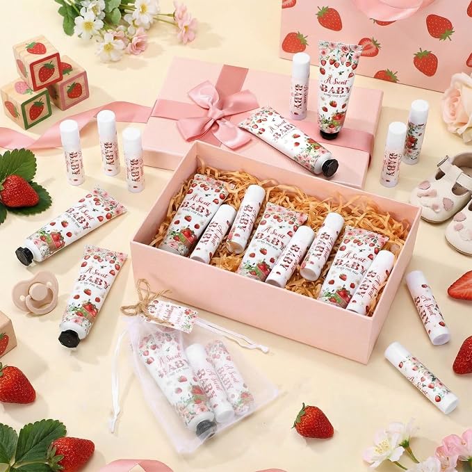 24 Sets Strawberry Baby Shower Hand Cream and Lip Balm Gift Sets Sweet Baby Is on the Way Party Favors for Guest Travel Size Hand Lotion and Lip Balm Bulk Strawberry Shower Party Favor Supplies
