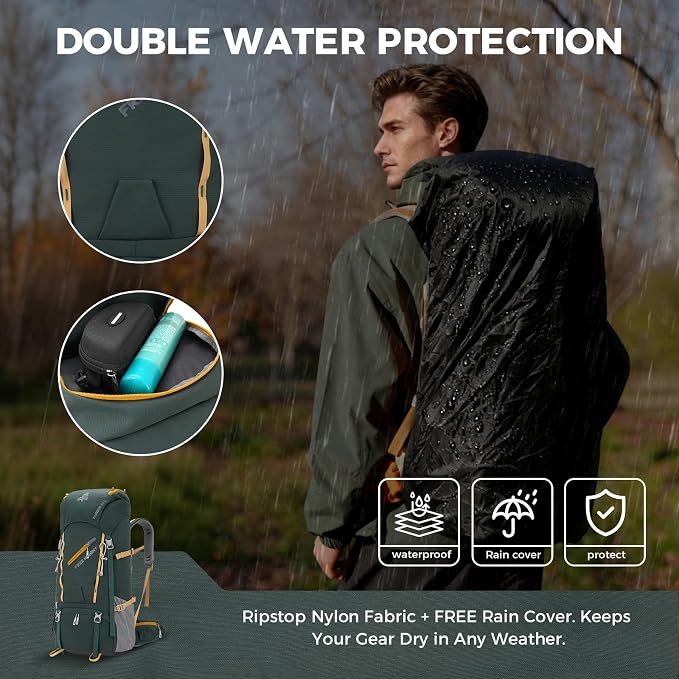 Bseash 65L Waterproof Hiking Camping Backpack with Rain Cover, Outdoor Sport Travel Daypack for Climbing Touring (Dark Green)