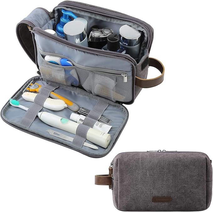 BAGSMART Toiletry Bag for Men, Canvas Travel Toiletry Organizer Dopp Kit Water-resistant Shaving Bag for Toiletries Accessories,Grey-Medium
