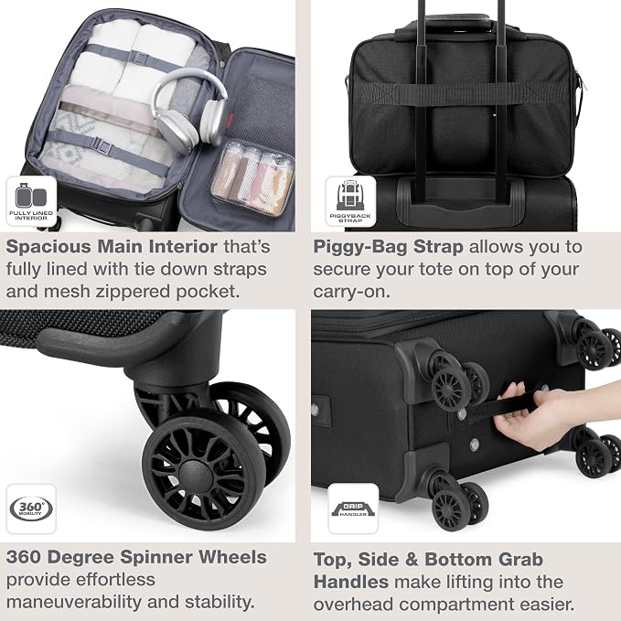 U.S. Traveler Rio Lightweight Softside Rolling Carry-on Suitcase, 4-Wheel Set, Black