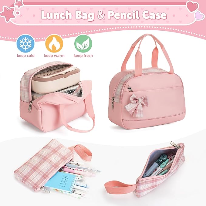 Backpack for Girls 15.6 Inch Laptop School Bag Kids Elementary College 3pcs Backpacks Lunch box Pencil Case Set Bookbags for Girls Teen Women Student Pink