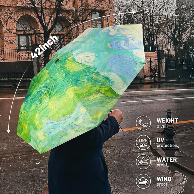 SY COMPACT Travel Umbrella - Windproof Automatic Compact Umbrella for Rain, Lightest 8-Rib, Small, Strong & Portable, Durable Grip, Fits Backpack & Car, Factory Direct (UV Available)