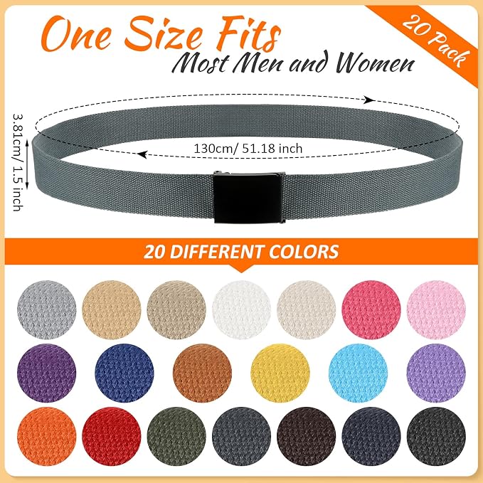 Yahenda 20 Pcs Web Belt for Men Women Belt Adjustable Canvas girdle Golf Strap with Military Buckle Casual Web girdle