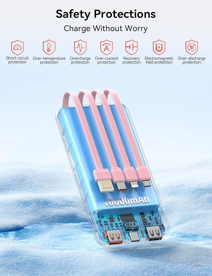 Nusyddy Portable Charger 10000mAh PD20W w/4 Built-in Cables/6 Outputs Pink | PD20W Fast Charging, LED Display, Pass Through Charging, Charge 6 Devices at once, TSA Approved, Fits iPhone, iPad, Samsung