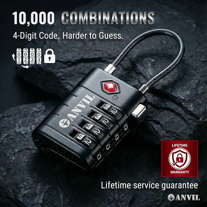 ANVIL TSA Approved Luggage Locks with Search Alert Indicator, 4-Digit Combination Suitcase Lock, Advanced TSA008 Core Heavy Duty Anti-Theft Travel Lock for Double Zippers, Backpacks