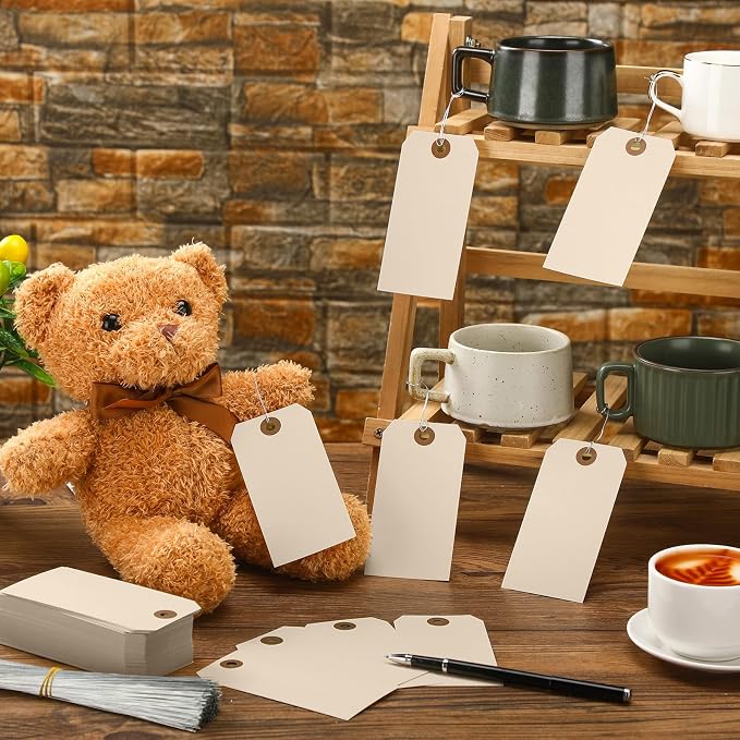 Sayglossy 1000 Pcs Blank Manila Shipping Tags with Wire 4 3/4" x 2 3/8" Khaki Paper Hang Luggage Price Asset Gift Label Tags