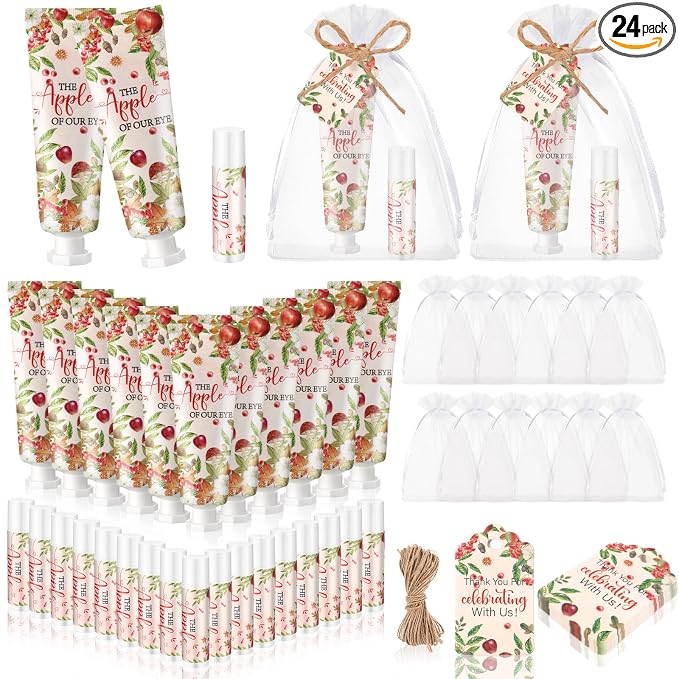 24 Sets Apple of Our Eye Theme Baby Shower Hand Cream and Lip Balm Gift Fall Apple Baby Shower Party Favors Travel Size Hand Lotion and Lip Balm Bulk with Organza Bags Tags Party Supplies for Guest