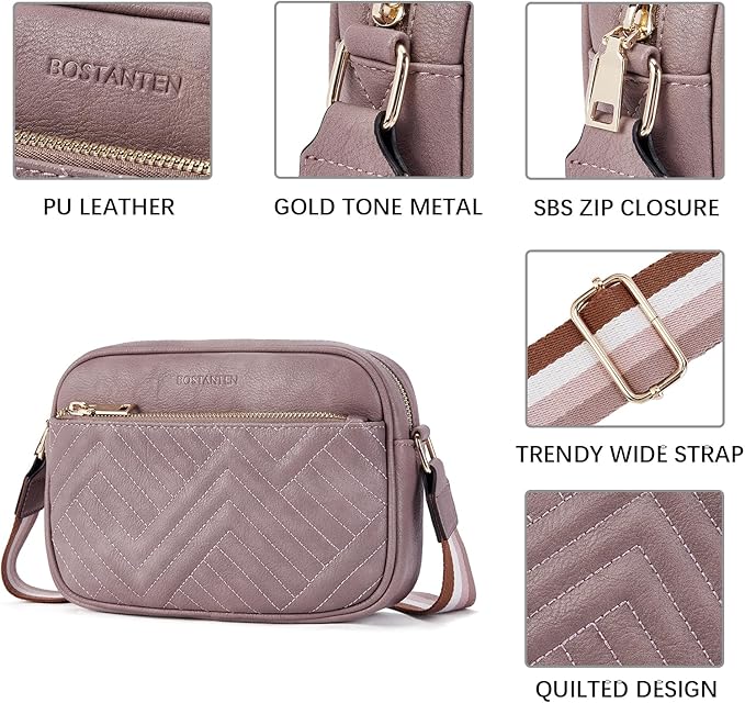 BOSTANTEN Quilted Crossbody Bags for Women Vegan Leather Purses Shoulder Handbags with Wide Strap