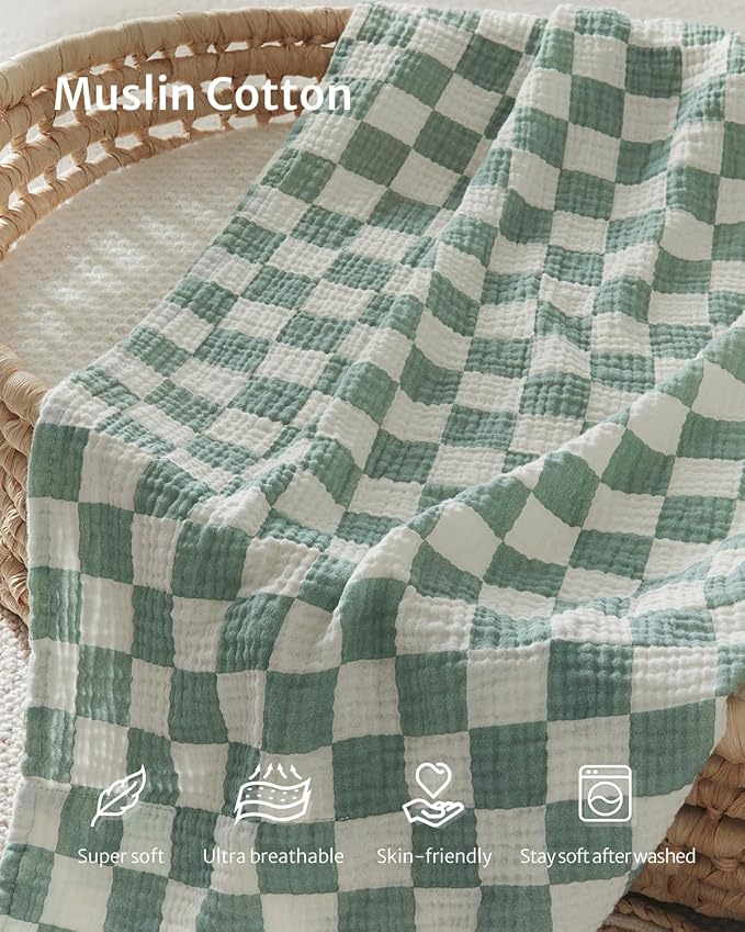 Blissful Diary Muslin Nursing Cover for Breastfeeding, Breathable Breastfeeding Cover up with Arch Neckline for Women, Nursing Apron (Sage Checkboard)