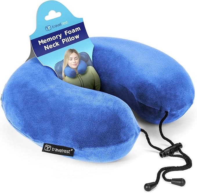 travelrest Neck Pillow Travel Essential - Memory Foam, Washable Micro-Fiber Cover Pillow, Soft and Comfortable Head Support for Long Flights, Compact, Attaches to Luggage, Airplanes, Cars, Bus - Blue