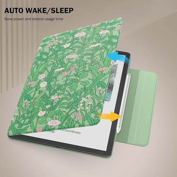 MoKo Magnetic Case for All-New 11" Kindle Scribe 2025(3rd Generation) & Kindle Scribe Colorsoft 2025(1st Gen) - Slim Folio Premium PU Leather Cover with Pen Clasp & Auto Sleep Wake, Green Flower