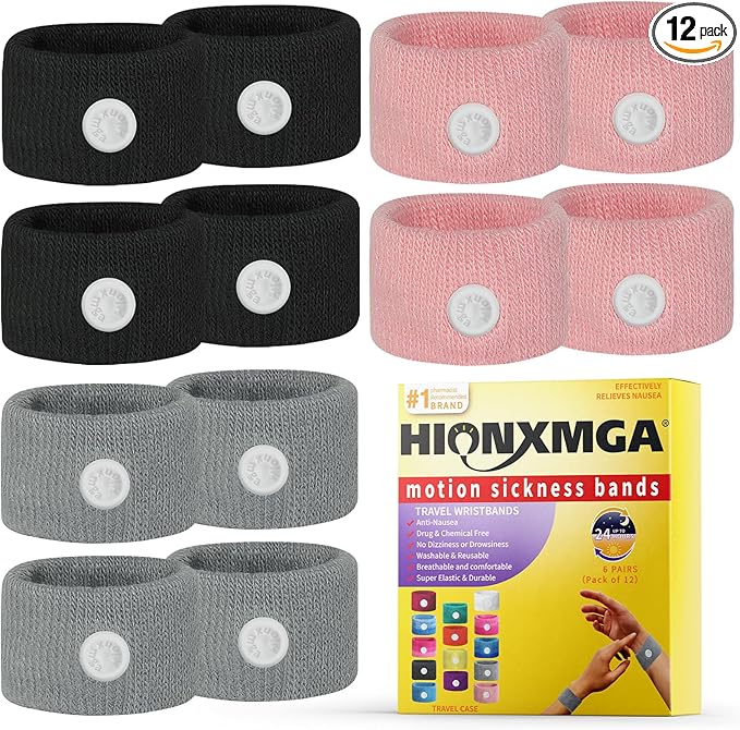 HIONXMGA 6 Pairs Motion Sickness Bands – Natural Anti Nausea Acupressure Wristbands for Morning & Motion Sickness Relief – Ideal for Car, Cruise & Flight Travel – for Adults and Kids