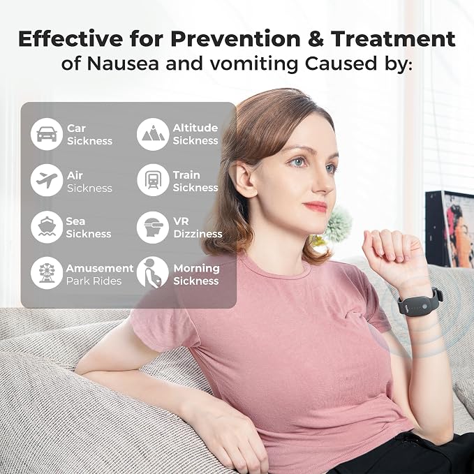 EmeTerm Fashion FDA-Cleared Relieve Nausea Electrode Stimulator Morning Sickness Motion Travel Sickness Vomit Relief Rechargeable No Gel Drug Free Wrist Bands Without Side Effects