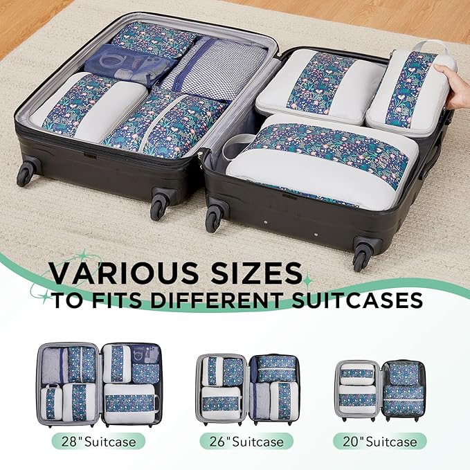 8 Set Compression Packing Cubes for Travel Essentials,Compressible Expandable Packing Cubes for Suitcase,OlarHike Luggage Garment Bags for Travel,Handy Helper for Organizing Clothes(Dark Blue Floral)