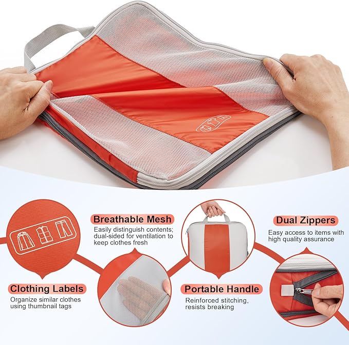 10 Set Compression Packing Cubes for Travel Essentials,Compressible Expandable Packing Cubes for Suitcase,OlarHike Luggage Garment Bags for Travel,Handy Helper for Organizing Clothes(Orange)